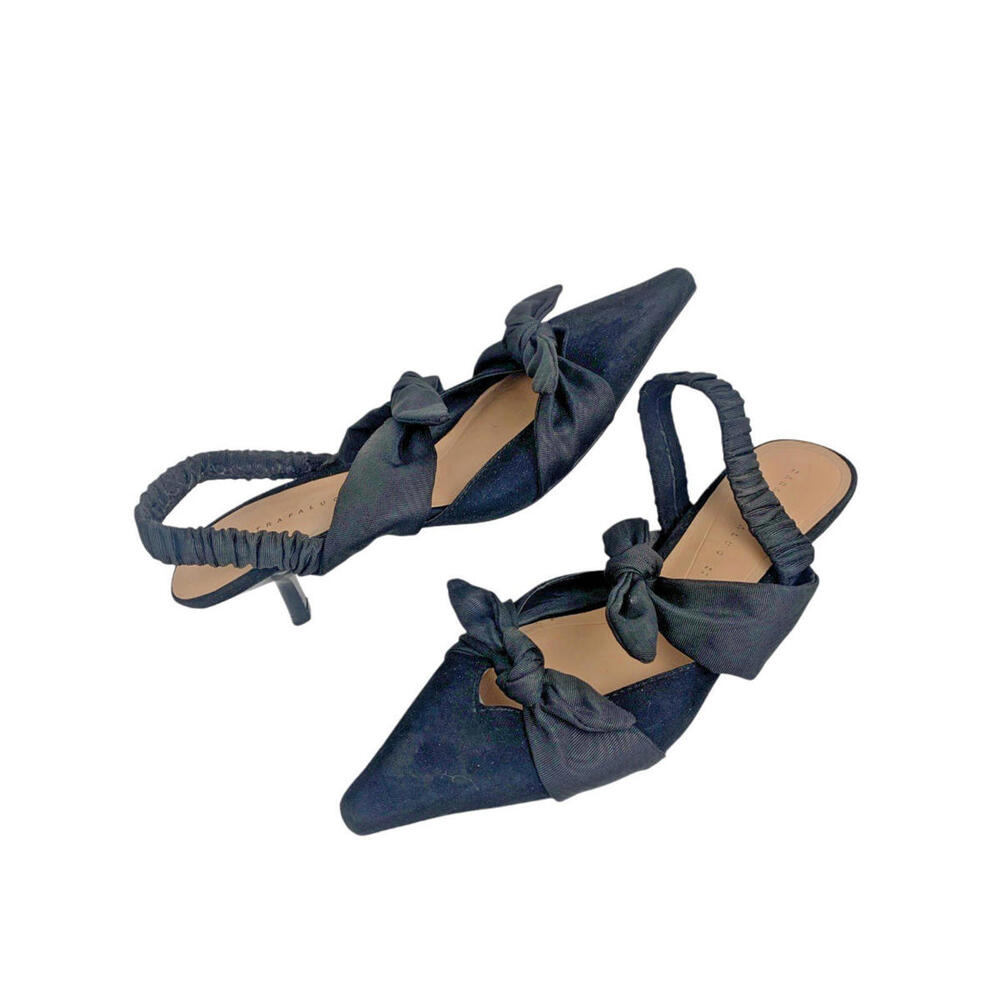 Zara Chic Suede Sling-back Black  Shoes Grograin Bows  Kitten Heels Size 7